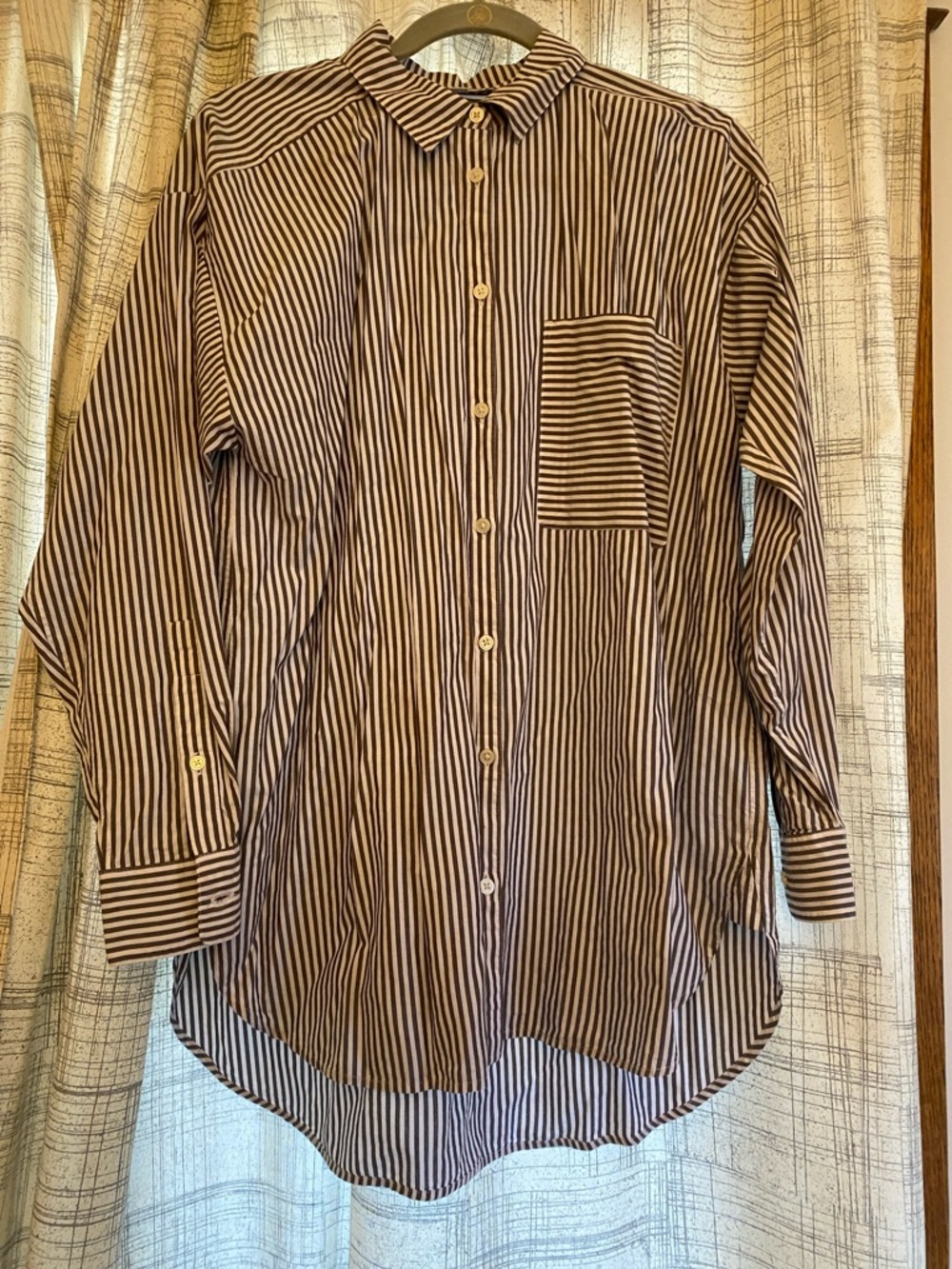 LOFT Black and White Vertical Stripe Button-Up Blouse